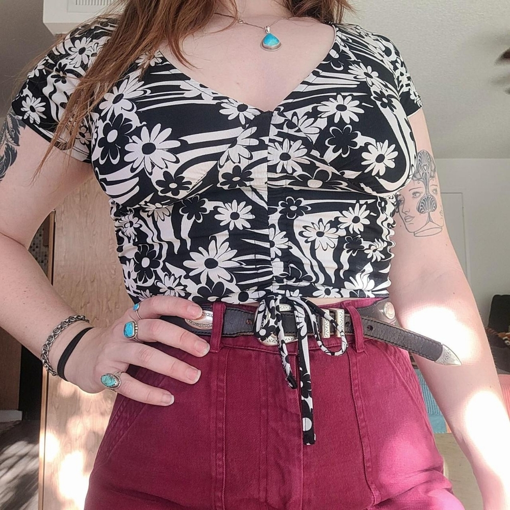 Cropped Black and White Tie Front Top